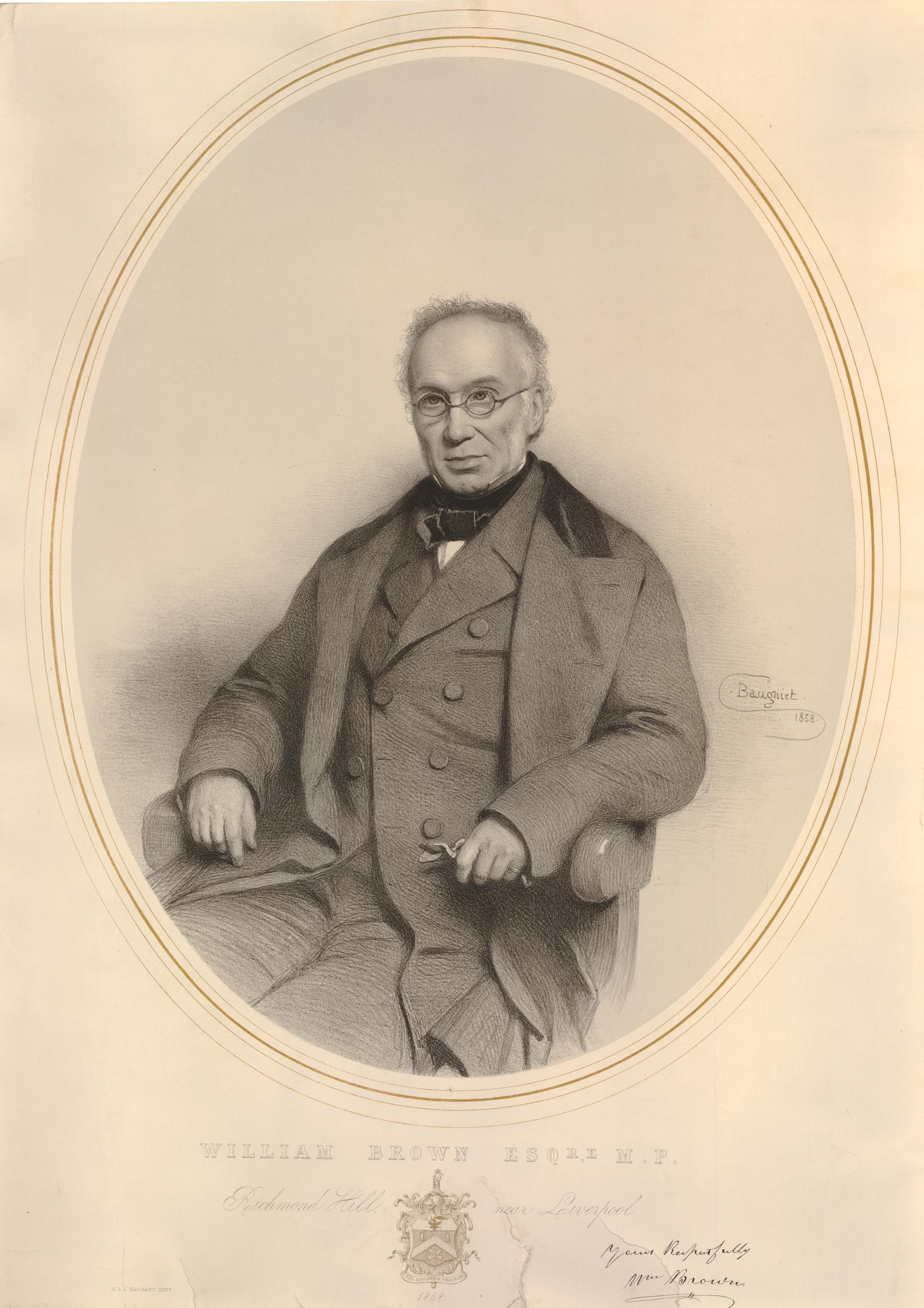 Portrait of Sir William Brown, three-quarter length, seated to right, wearing a coat, jacket and cravat tied in a bow; within an oval. 1858 Lithograph on chine collé © The Trustees of the British Museum