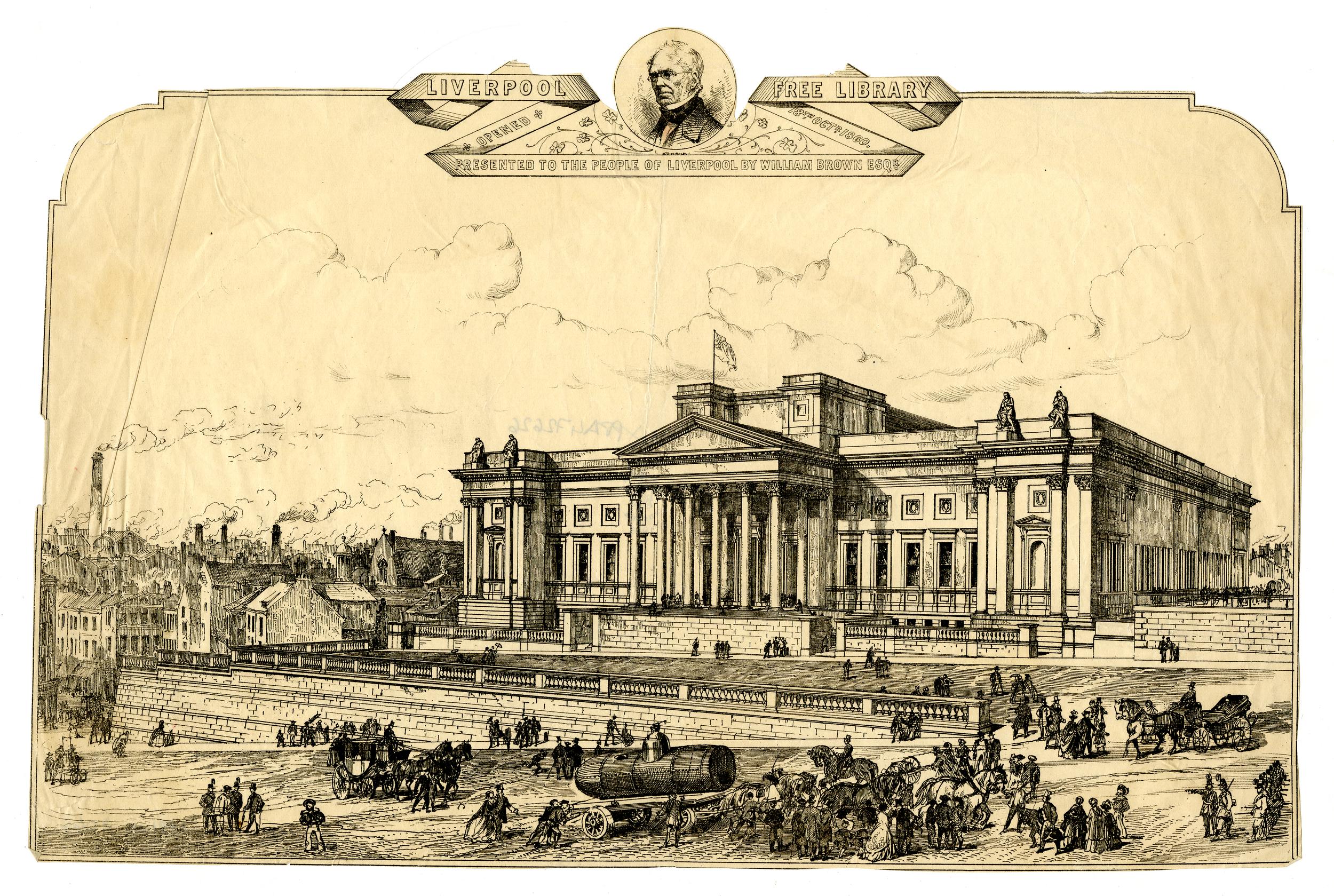 View of the front of Liverpool's Central Library, with columns outside the main entrance; a cart in the foreground pulled by horses, the half-bust portrait of William Brown at top.