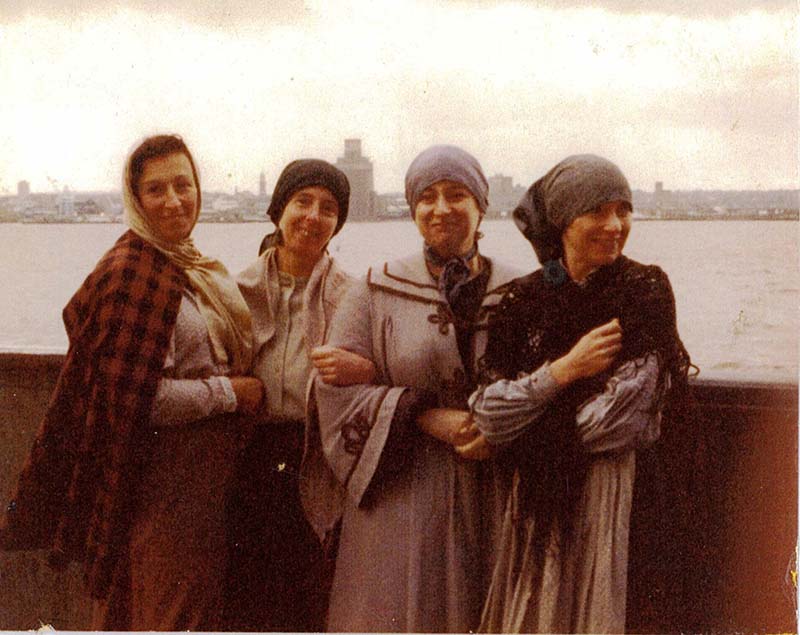 Four women dressed as extra's for the movie Yentl