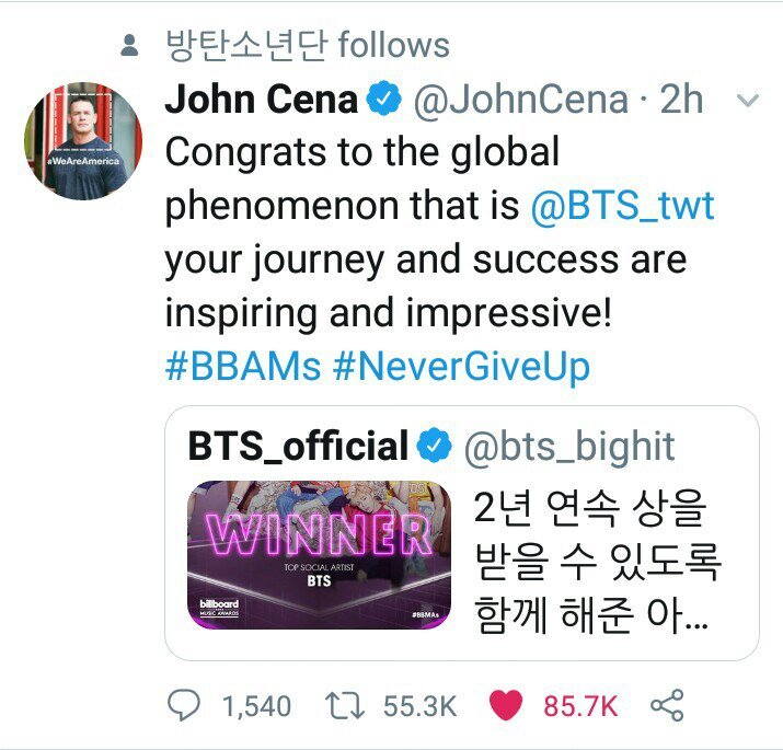 John Cena tweeting about BTS