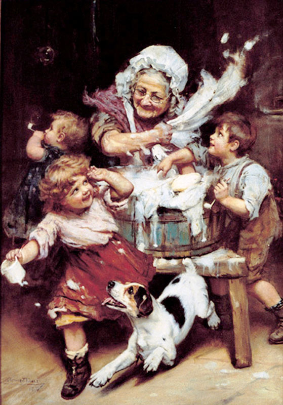 woman at a wash tub, waving two small children and their dog away with a wet rag