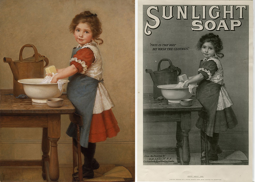 painting of a girl washing clothes in a basin with a bar of soap and advert using the image with 'Sunlight Soap' and teh name of the painting overlaid