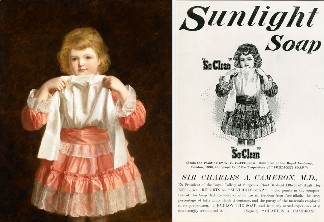 painting of a girl lifting her apron to show off her smart dress by an advert using the image with text overlaid: Sunlight Soap, "So clean" 