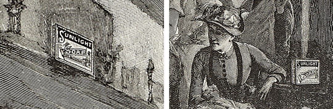 details from newspaper image showing bars of Sunlight Soap added to a painting