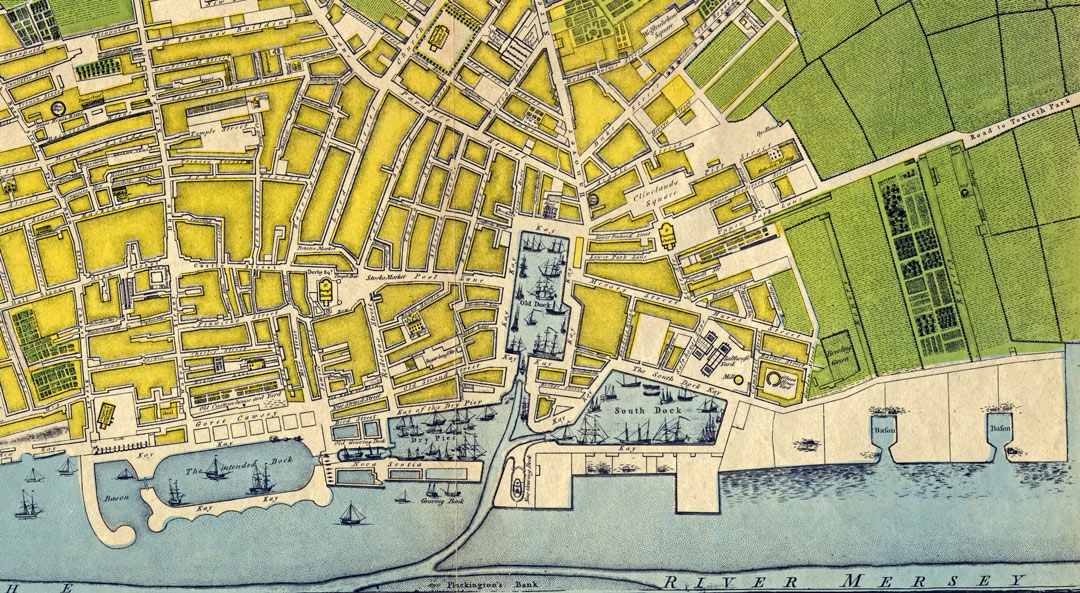 map of Liverpool in 1765, showing the earliest docks on the waterfront