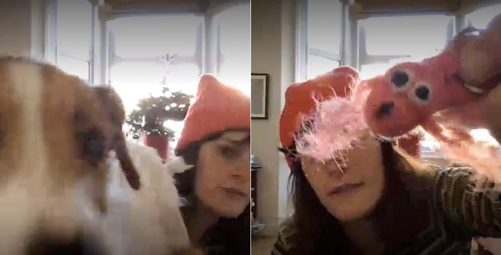 Two screen shots from a teams call with Kathryn Maple, Left shows her holding up her dog mary, right shows her holding up a pink woolen shrimp