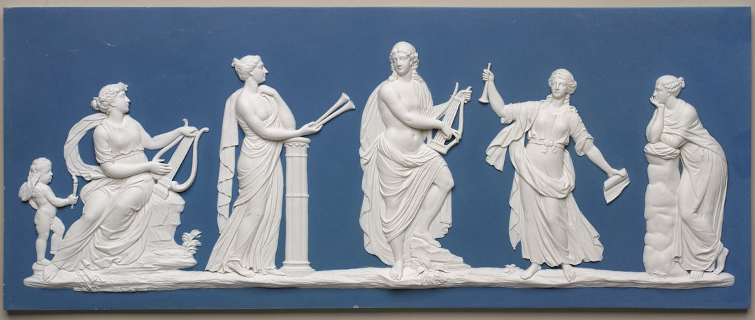 Wedgwood plaque showing Apollo playing music to four female muses