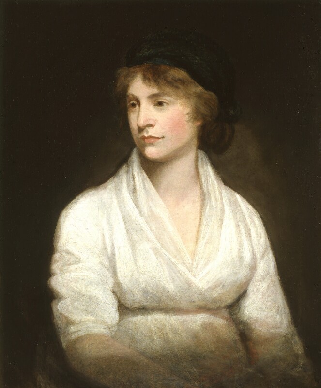 A painted portrait of a woman dressed in 18th century white dress, she is looking off to the left hand side