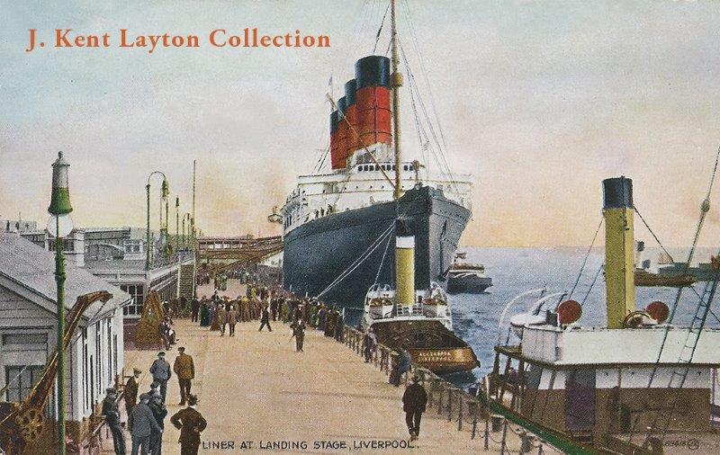 A color portrait of the Lusitania at the Landing Stage in Liverpool. Â© J Kent Layton Collection