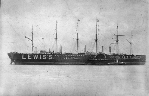 Photograph of the SS Great Eastern with large Lewis' Department Store advert on the side.