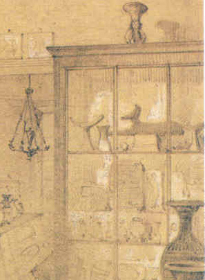 Archive drawing of a museum display case in 1852