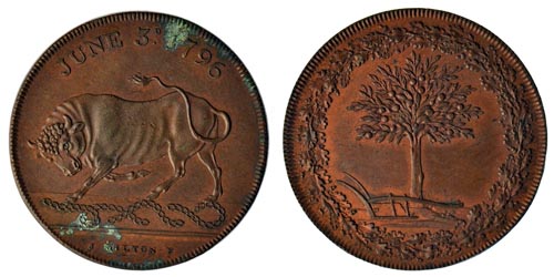Image of both sides of a copper token.