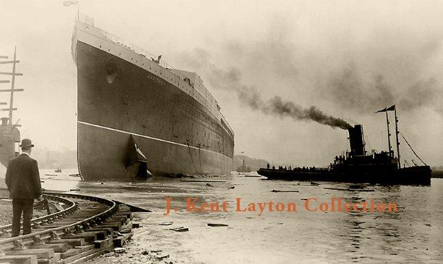 7 June 1906 and the Lusitania rides in the water for the first time immediately after her launch. J. Kent Layton Collection