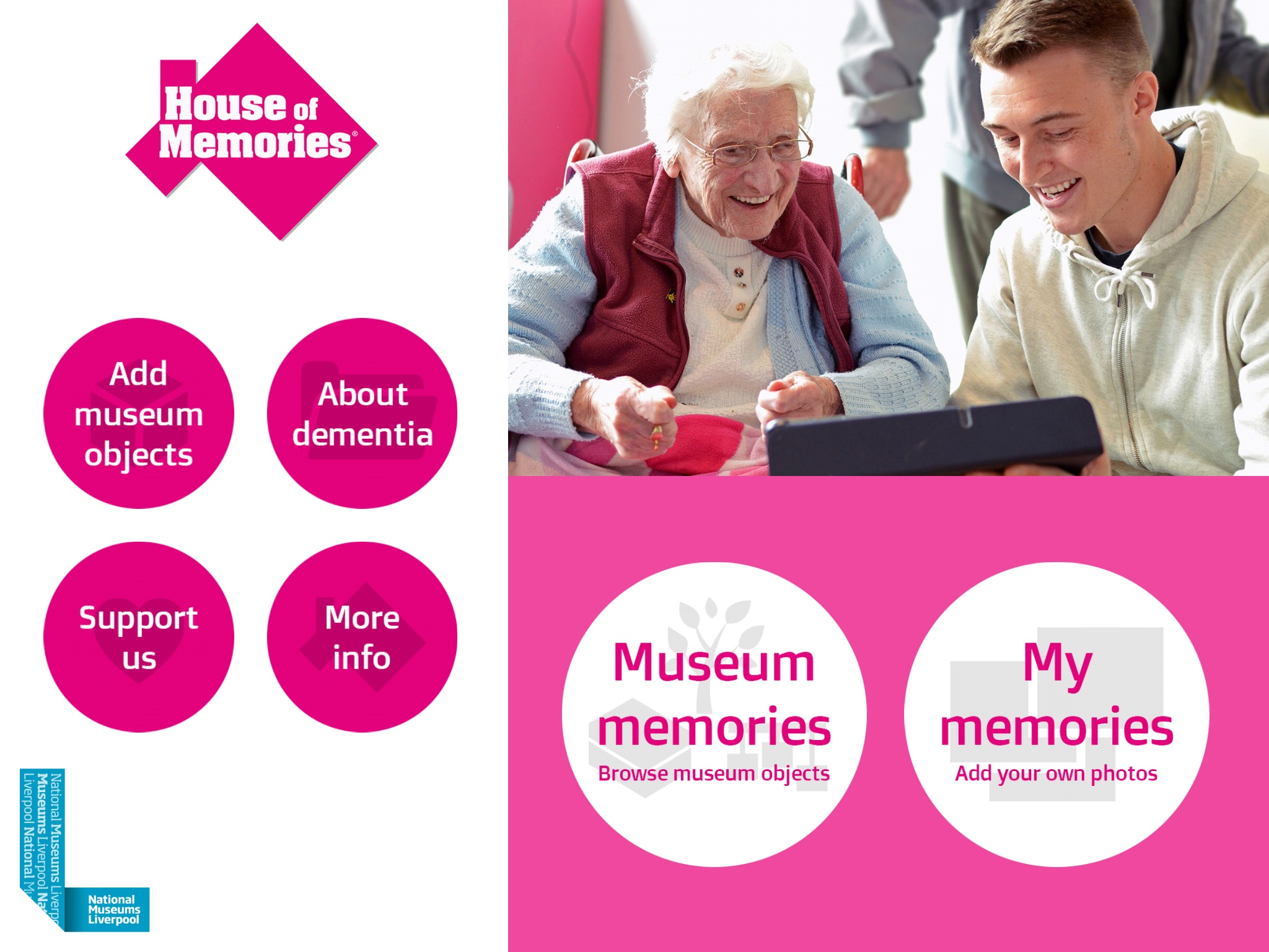 Person living with dementia using the My House of Memories app with a carer