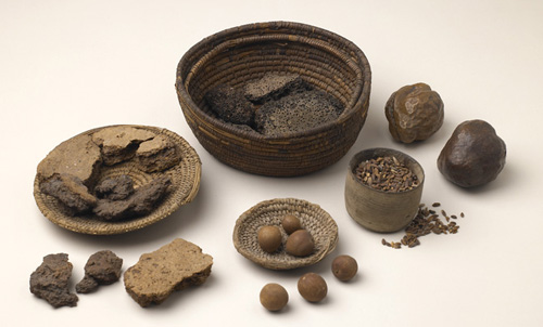 Bread, fruit and grain from ancient Egyptian tombs, about 1400 BC