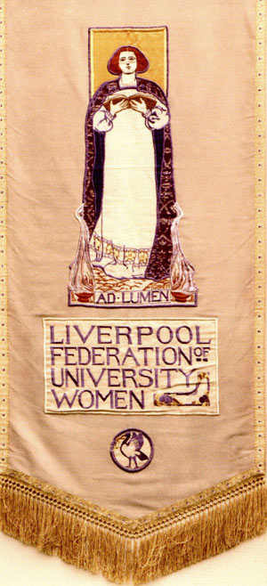 Liverpool Federation of University Women banner, with a woman holding a book
