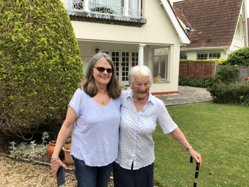 Deborah Heiligman with Sonia Bech Williams, child survivor of the sinking of the City of Benares, outside Sonia's childhood home.
