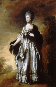 Picture of a woman in an 18th century dress with a shawl over her left shoulder