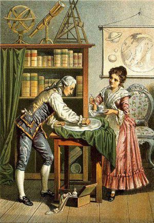 1896 Lithograph of William and Caroline Herschel grinding a telescope mirror. Caroline is supplying the grinding paste from the tea cup - not tea.