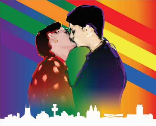 Image ow two women kissing, with a Liverpool skyline underneath them and a rainbow in the background. 