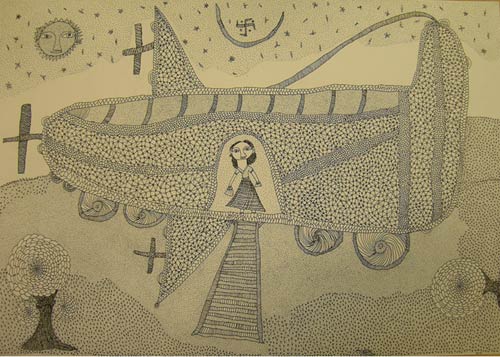 Ink drawing of a woman in a sari standing inside a spaceship