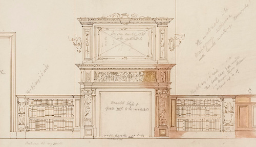 Design for bookcases and fireplace of Sudley House, circa 1882