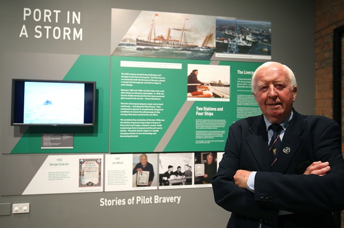Retired Liverpool Pilot and hero, Geoff Rafferty visits the exhibition. Geoff was one of two apprentices on no.4 pilot boat, William M Clarke who, after hearing a cry of distress in the River Mersey one night, launched a pilot punt and managed to locate and save a young man from drowning. And all while still in his pyjamas! Copyright Gareth Jones 