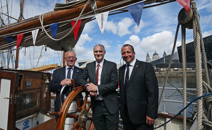 (L-R): Geoff Topp (Chairman of the Liverpool Pilots -Retired Division), Ben Whittaker (Exhibition Curator at the Merseyside Maritime Museum) and Chris Booker (Chairman of the Liverpool Pilots). All on board the Spirit of Falmouth, moored outside the Museum. Copyright Gareth Jones 