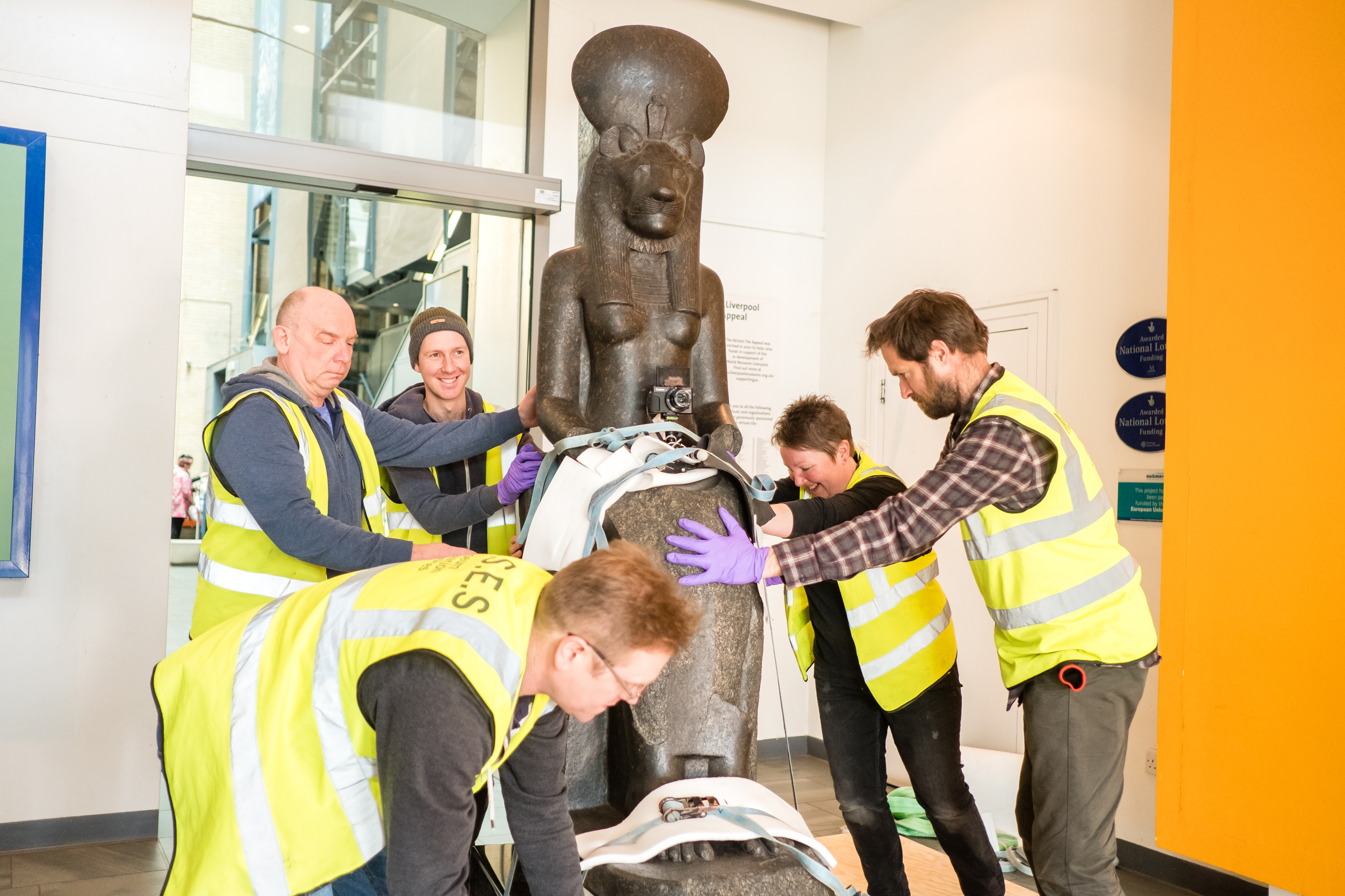 Our handling team getting ready to move the Sekhmet statue.