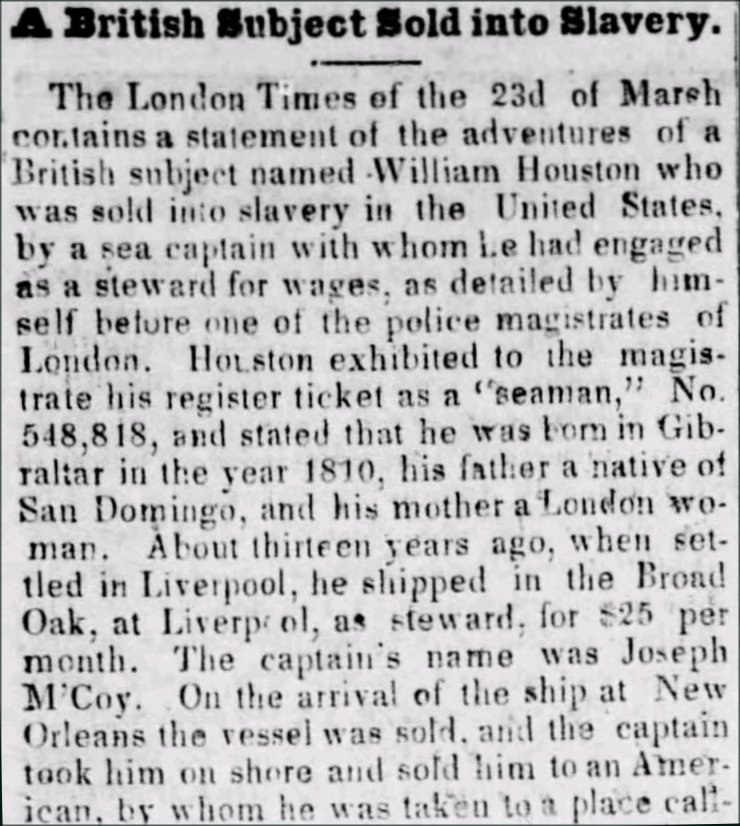 Newspaper clip about William Houston from the Lebanon Courier, Lebanon, Pennsylvania, 16 April 1852.