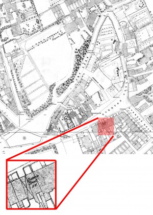 old map showing houses and fields, with one property highlighted