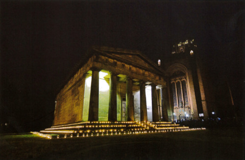 The Oratory at night with the steps covered in candles for a special event.