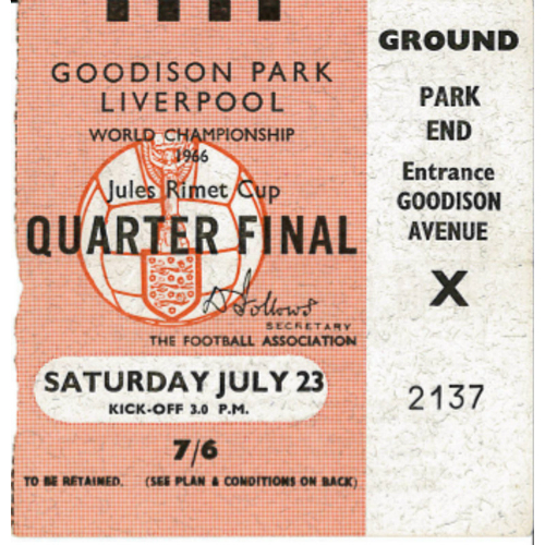 Quarter Final Ticket to Goodison Park, World Cup 1966