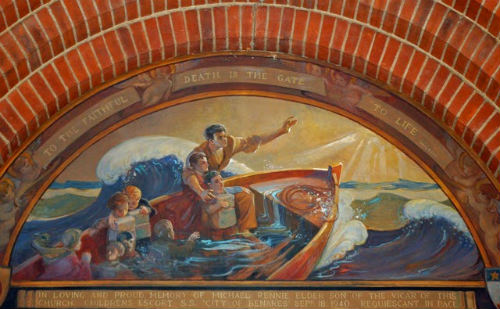 Mural showing Michael Rennie, children's escort in the lifeboat with child from the City of Benares. Copyright The Parish Church of St Jude-on-the-Hill, Hampstead Garden Suburb.
