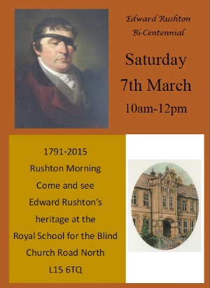A flyer with information about the opening morning, a portrait of Rushton and an illustration of the school