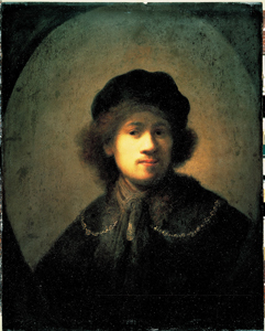 Self portrait of Rembrandt with light falling over the left side of his face