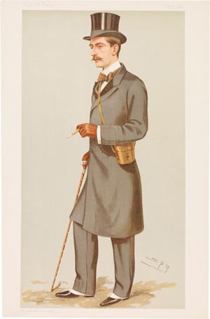 Man in a top hat and suit holding a cane.