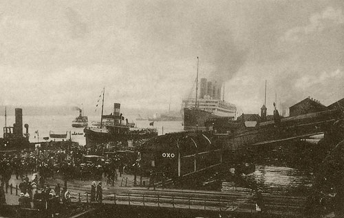 crowds of people on the landing stage in front of a large ship