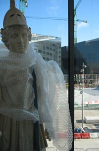 marble sculpture wrapped in bubble wrap