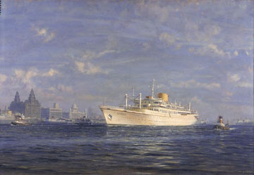 painting of large ship by the iconic Pier Head buildings