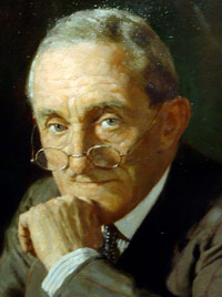 Oil portrait of an elderly man in a suit looking over the top of his glasses.