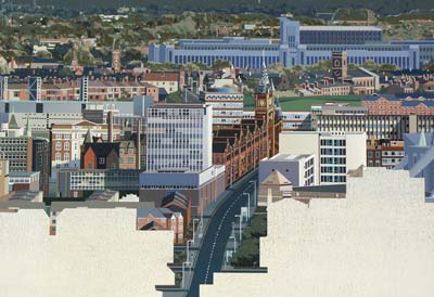 a highly detailed painted image of Liverpool buildings