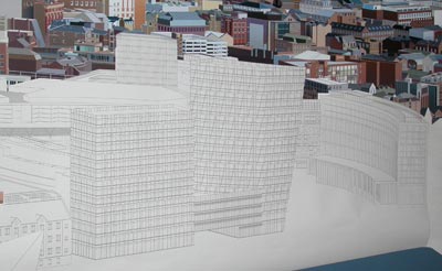 photo of the skeleton of several buildings lightly drawn out on a canvas.