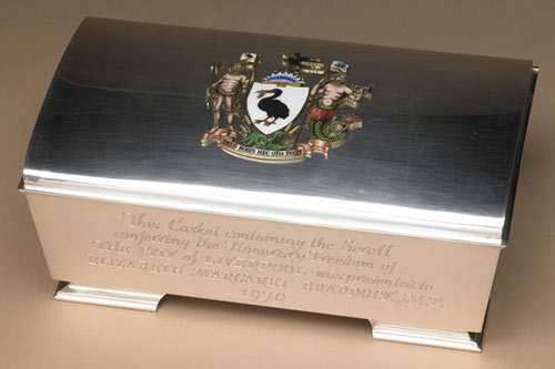 silver casket with Liverpool coat of arms and engraved inscription