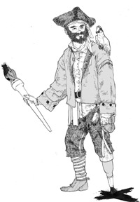 line drawing a a pirate with a wooden leg and a giant pencil in his hand