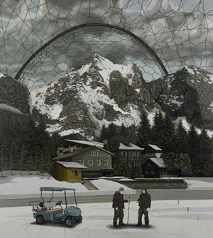 Painting of a snowy mountain scene beneath a dome.