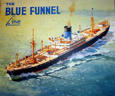 colour poster showing an illustration of a large ship with the words 'Blue Funnel Line'