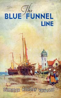 Poster showing ships aground and the words 'The Blue Funnel Line. Summer holiday voyages'