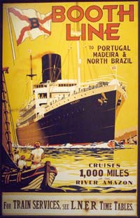 Illustration of a cruise liner which reads: Booth Line to Portugal, Madeira and North Brazil. Cruises 1,000 miles of the River Amazon. For train services, see LNER time tables.