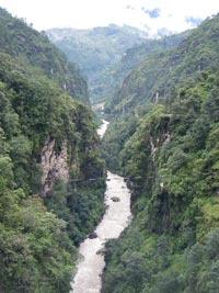 View down a heavily wooded gorge with river at base